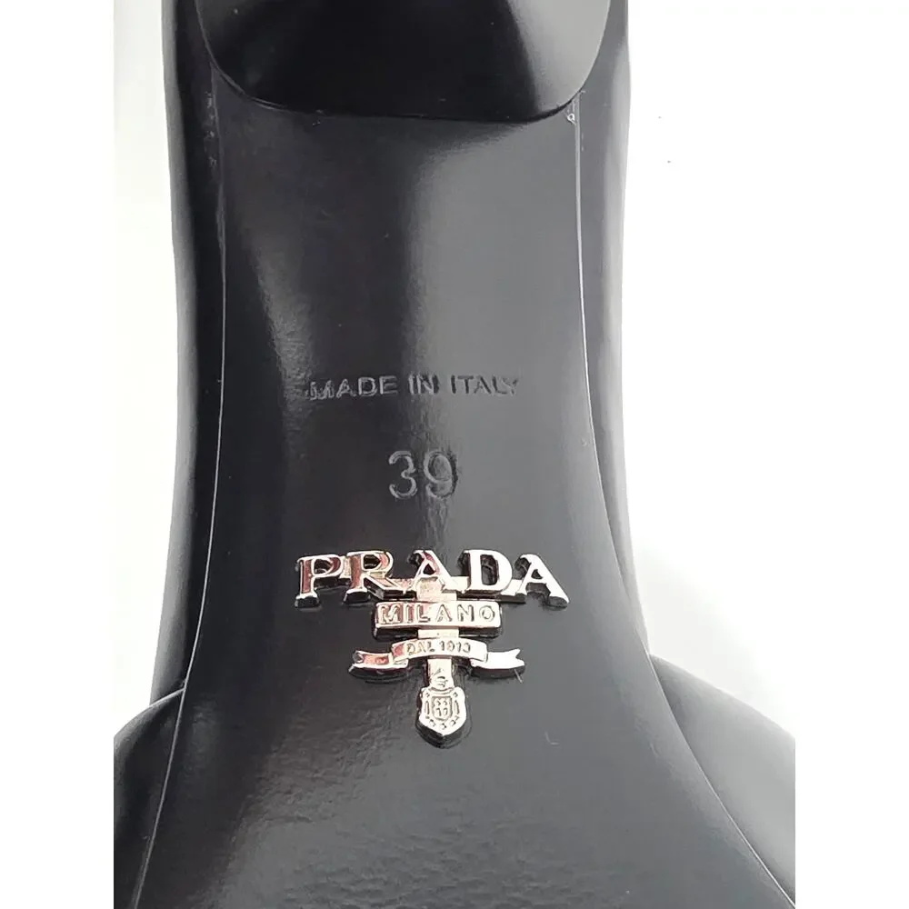 Prada Black Leather Triangle Logo Mule Slide Sandals Square Open Toe Heels 39 9